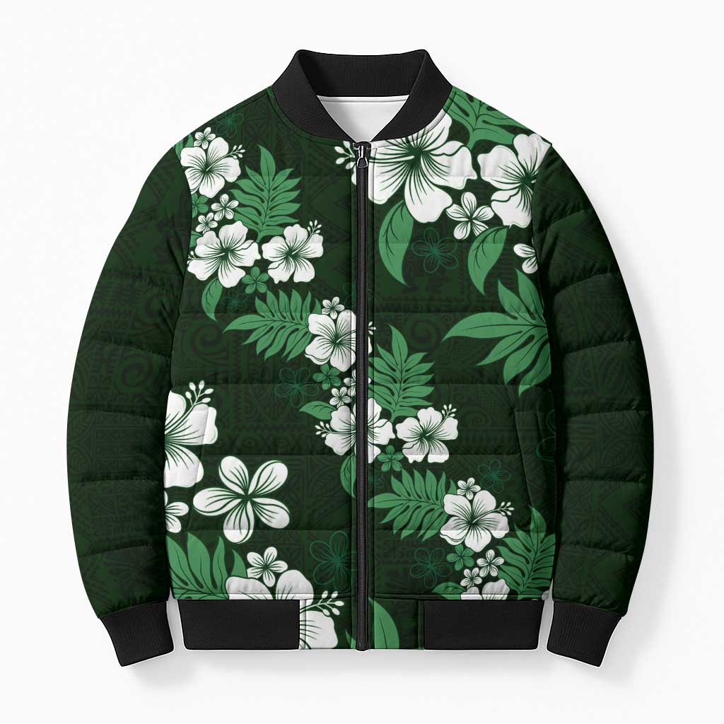 Hawaiian Hibiscus Tribal Floral Green Bomber Puffer Jacket Polynesian Tapa Pattern LT01 Unisex Green - Polynesian Pride