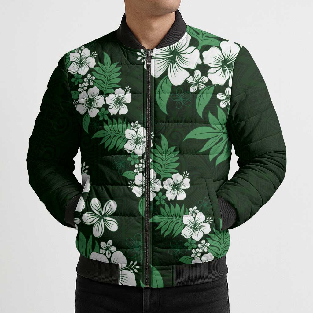 Hawaiian Hibiscus Tribal Floral Green Bomber Puffer Jacket Polynesian Tapa Pattern LT01 - Polynesian Pride
