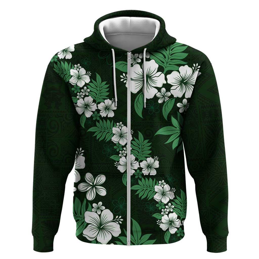 Hawaiian Hibiscus Tribal Floral Green Hoodie Polynesian Tapa Pattern LT01 Zip Hoodie Green - Polynesian Pride