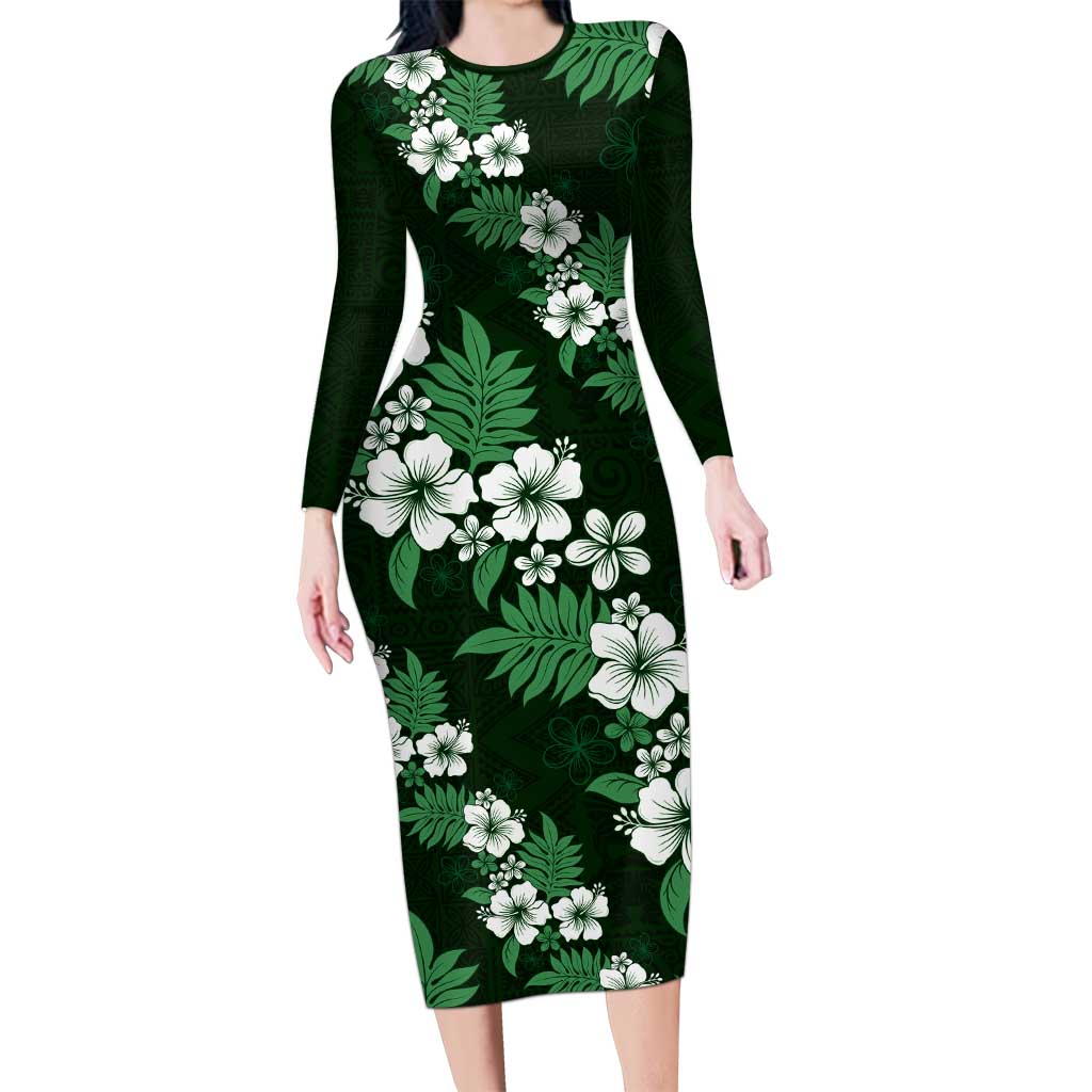 Hawaiian Hibiscus Tribal Floral Green Long Sleeve Bodycon Dress Polynesian Tapa Pattern LT01 Long Dress Green - Polynesian Pride