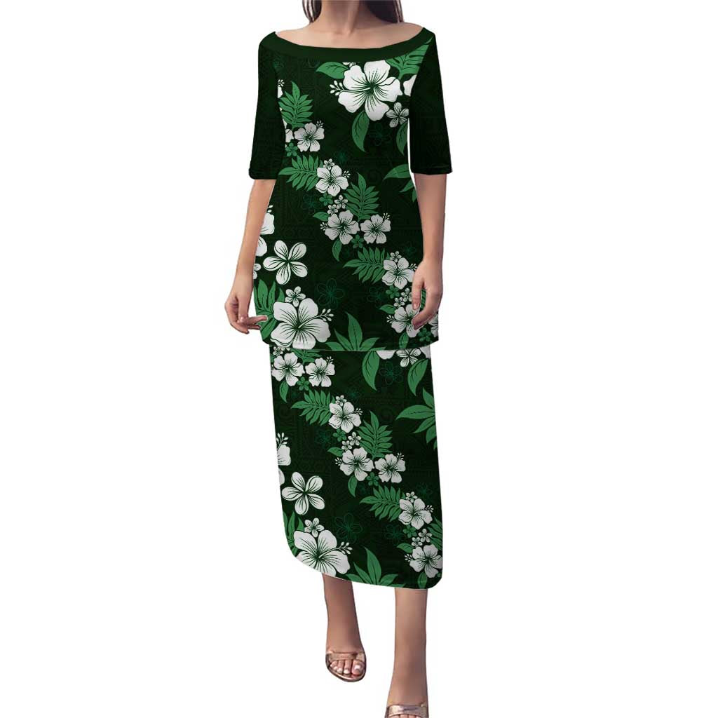 Hawaiian Hibiscus Tribal Floral Green Puletasi Polynesian Tapa Pattern LT01 Long Dress Green - Polynesian Pride