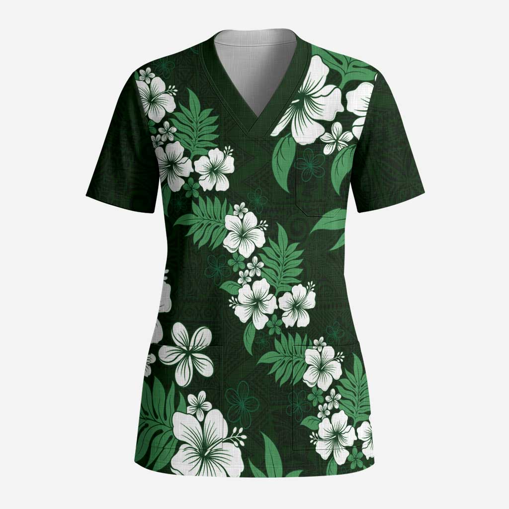 Hawaiian Hibiscus Tribal Floral Green Scrub Top Polynesian Tapa Pattern LT01 Adult Green - Polynesian Pride