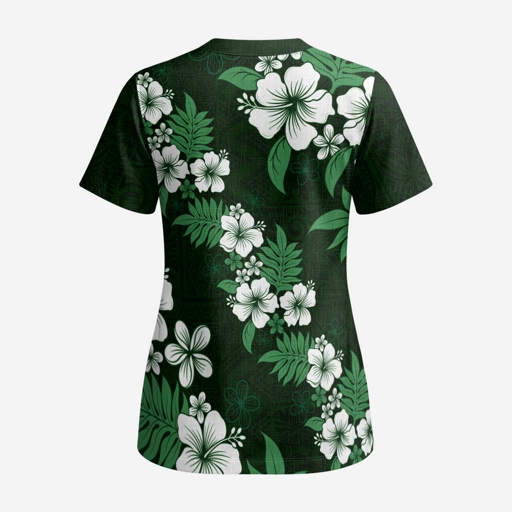 Hawaiian Hibiscus Tribal Floral Green Scrub Top Polynesian Tapa Pattern LT01 - Polynesian Pride