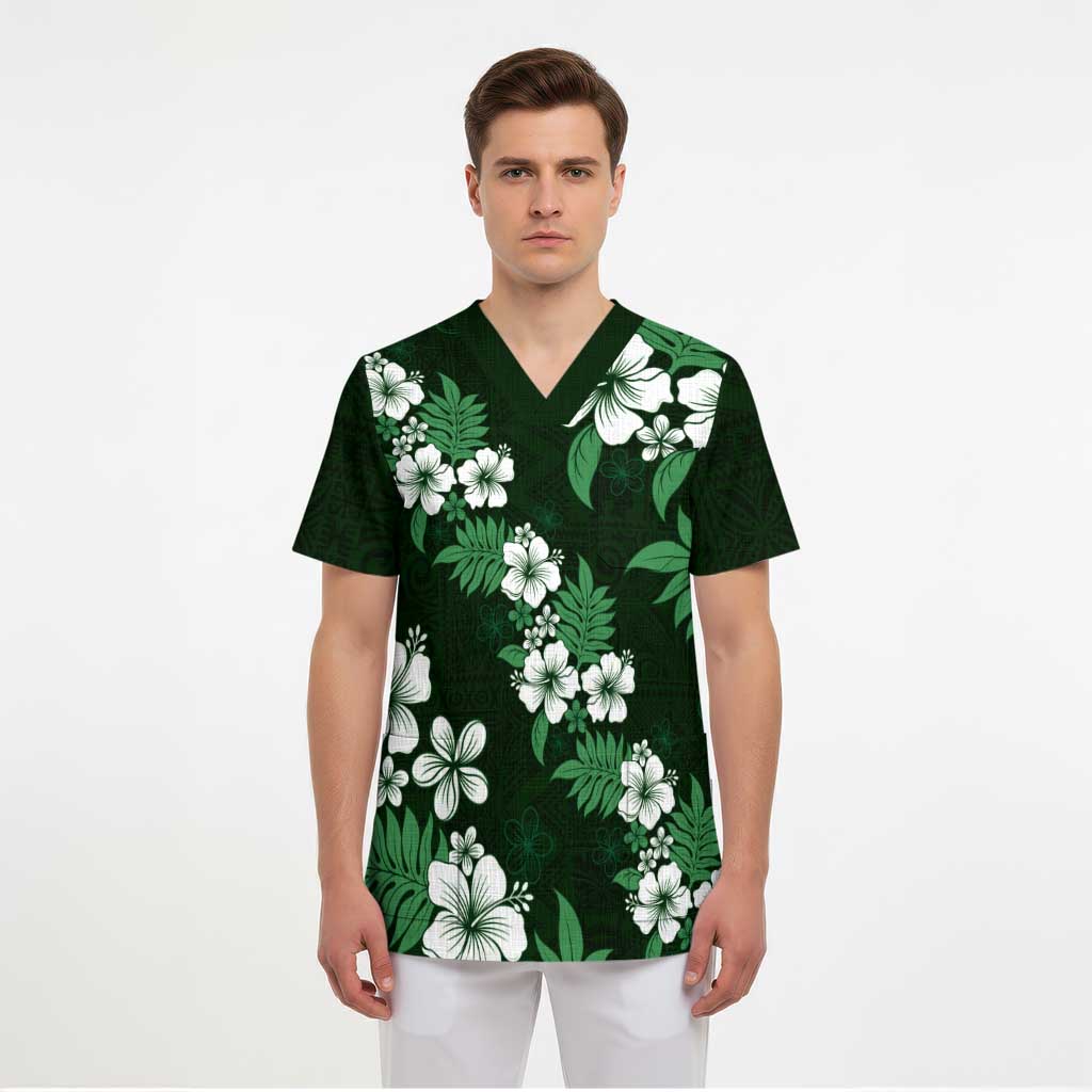 Hawaiian Hibiscus Tribal Floral Green Scrub Top Polynesian Tapa Pattern LT01 - Polynesian Pride