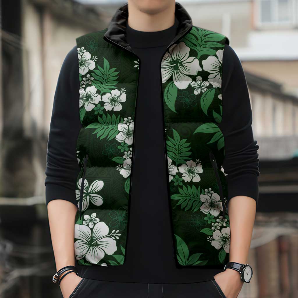 Hawaiian Hibiscus Tribal Floral Green Sleeveless Puffer Jacket Polynesian Tapa Pattern LT01 - Polynesian Pride