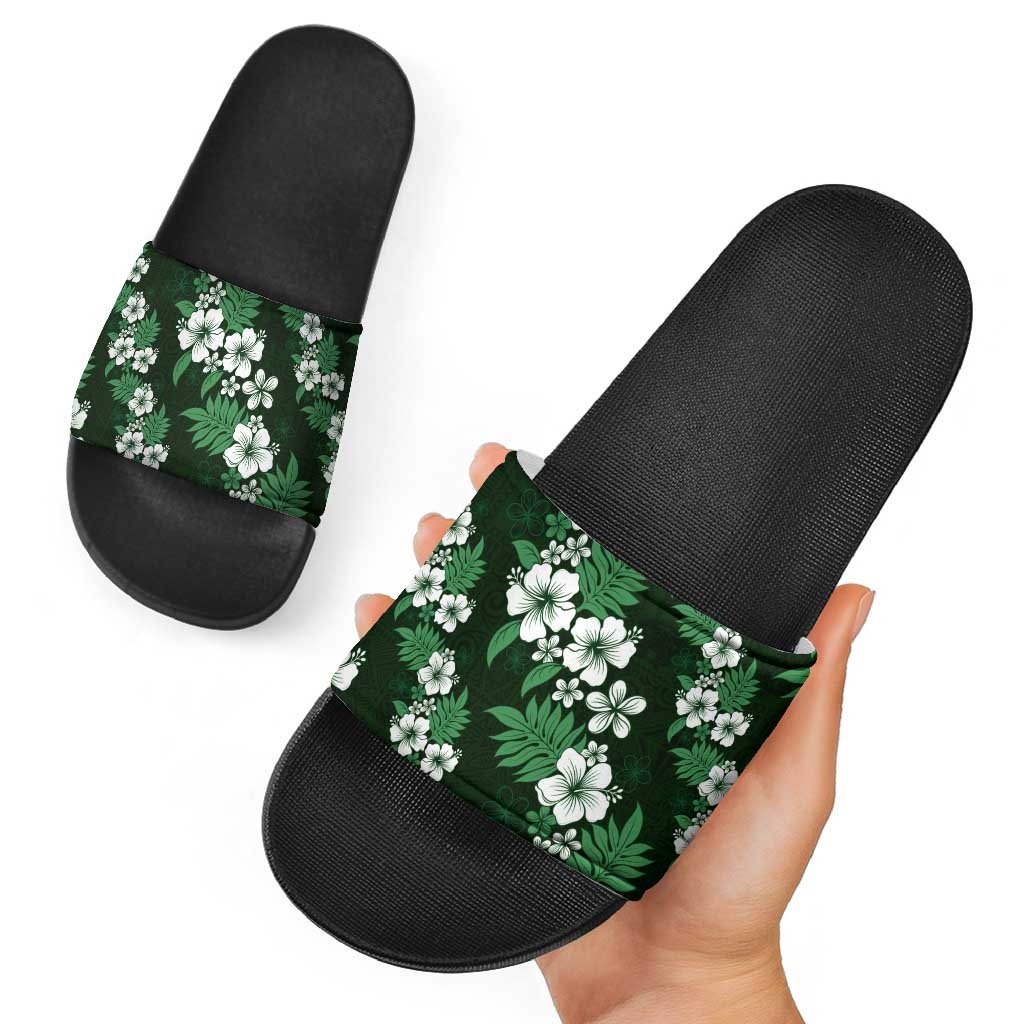 Hawaiian Hibiscus Tribal Floral Green Slide Sandals Polynesian Tapa Pattern LT01 - Polynesian Pride