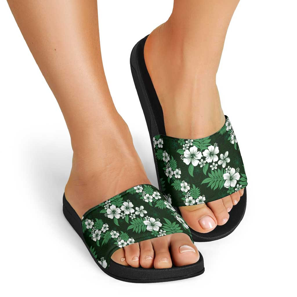 Hawaiian Hibiscus Tribal Floral Green Slide Sandals Polynesian Tapa Pattern LT01 - Polynesian Pride