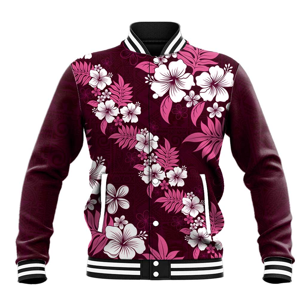 Hawaiian Hibiscus Tribal Floral Pink Baseball Jacket Polynesian Tapa Pattern LT01 Unisex Pink - Polynesian Pride