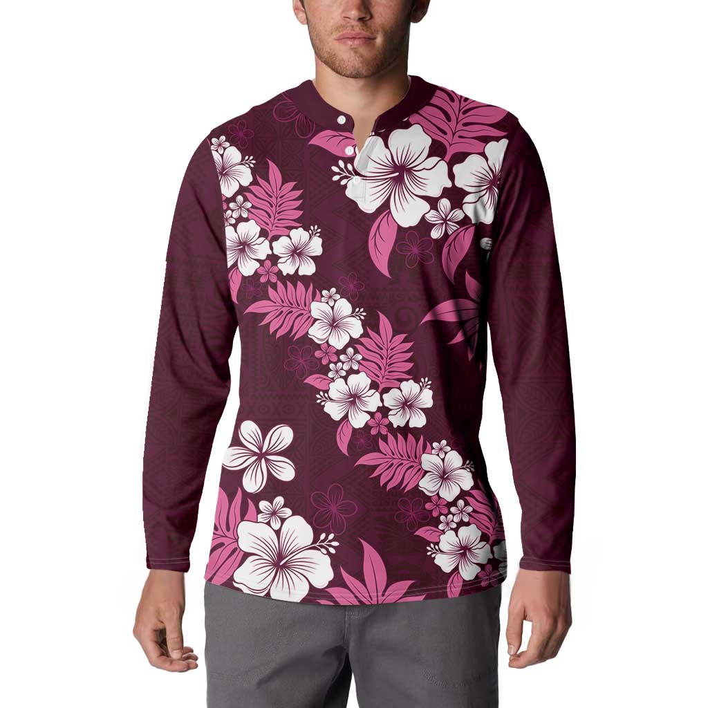 Hawaiian Hibiscus Tribal Floral Pink Button Sweatshirt Polynesian Tapa Pattern LT01 - Polynesian Pride