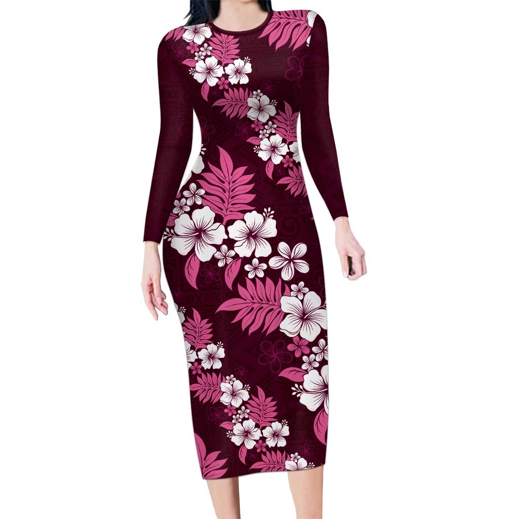 Hawaiian Hibiscus Tribal Floral Pink Long Sleeve Bodycon Dress Polynesian Tapa Pattern LT01 Long Dress Pink - Polynesian Pride