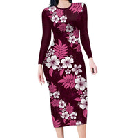 Hawaiian Hibiscus Tribal Floral Pink Long Sleeve Bodycon Dress Polynesian Tapa Pattern LT01 Long Dress Pink - Polynesian Pride
