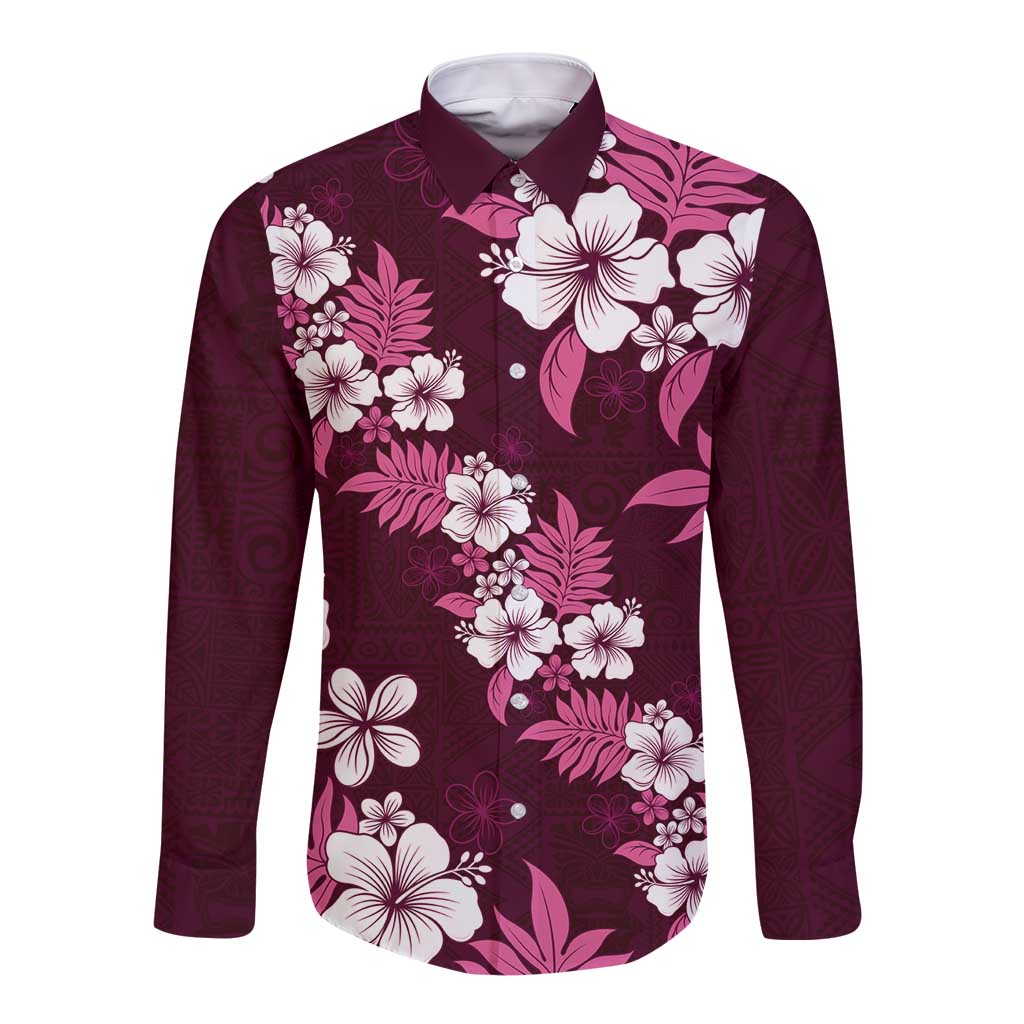 Hawaiian Hibiscus Tribal Floral Pink Long Sleeve Button Shirt Polynesian Tapa Pattern LT01 Unisex Pink - Polynesian Pride