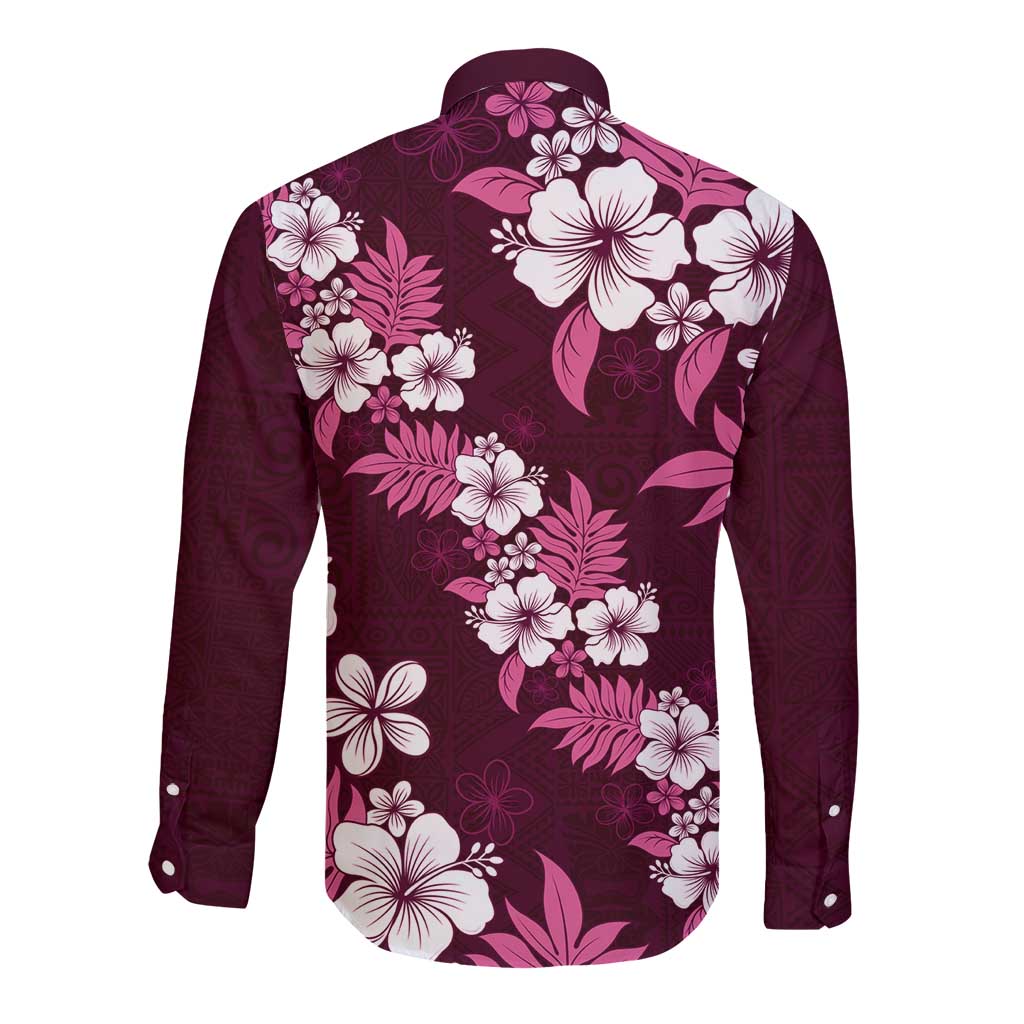 Hawaiian Hibiscus Tribal Floral Pink Long Sleeve Button Shirt Polynesian Tapa Pattern LT01 - Polynesian Pride