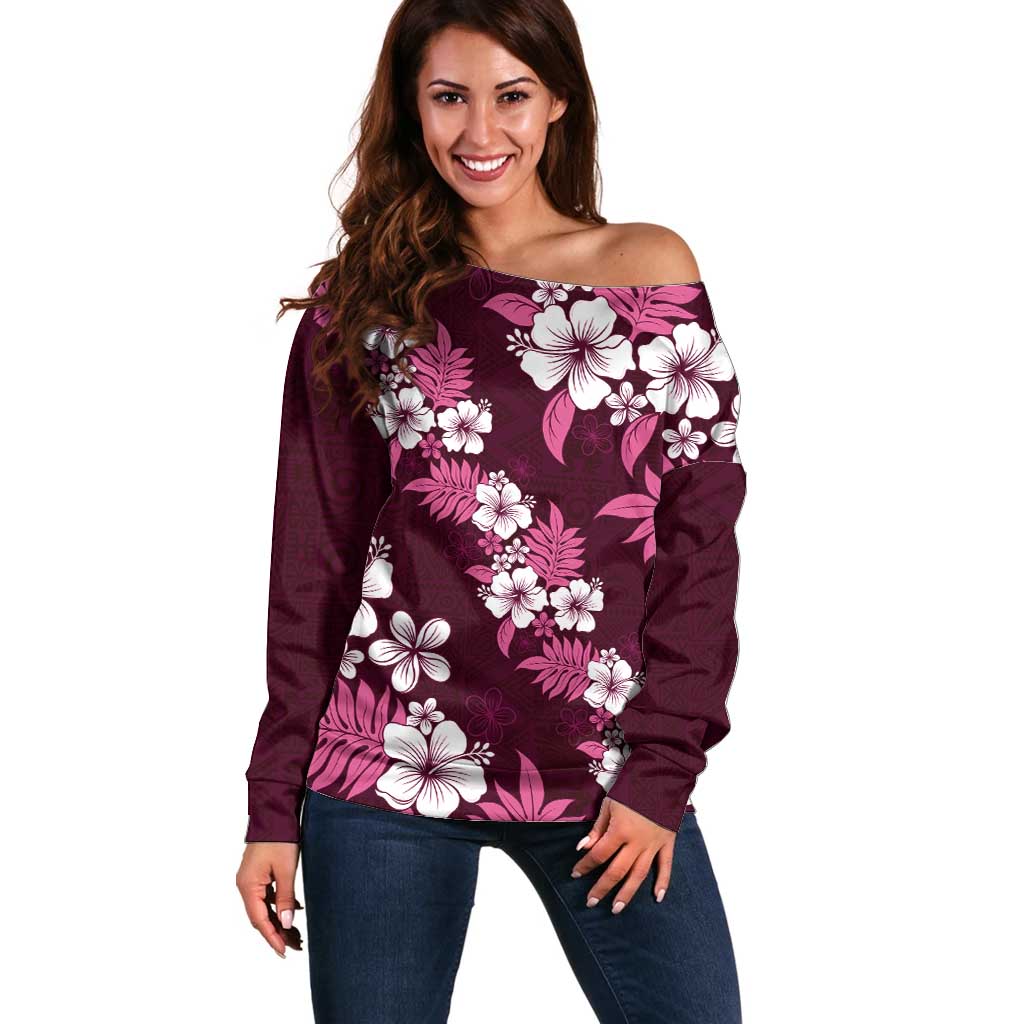 Hawaiian Hibiscus Tribal Floral Pink Off Shoulder Sweater Polynesian Tapa Pattern LT01 Women Pink - Polynesian Pride