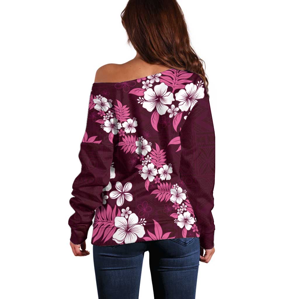 Hawaiian Hibiscus Tribal Floral Pink Off Shoulder Sweater Polynesian Tapa Pattern LT01 - Polynesian Pride