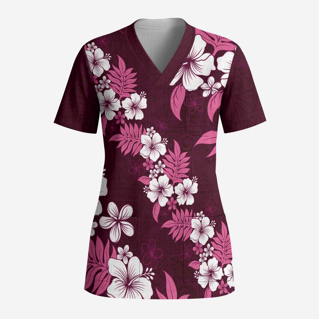 Hawaiian Hibiscus Tribal Floral Pink Scrub Top Polynesian Tapa Pattern LT01 Adult Pink - Polynesian Pride