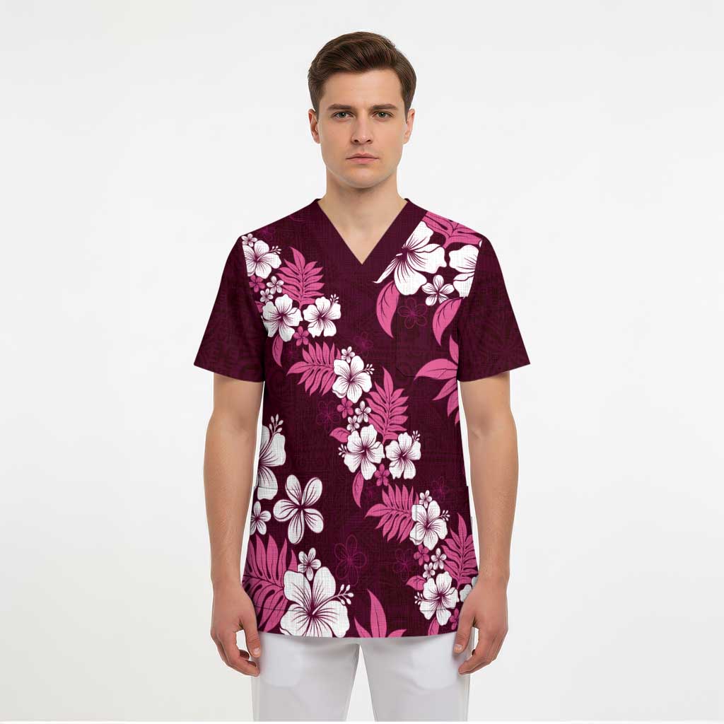 Hawaiian Hibiscus Tribal Floral Pink Scrub Top Polynesian Tapa Pattern LT01 - Polynesian Pride
