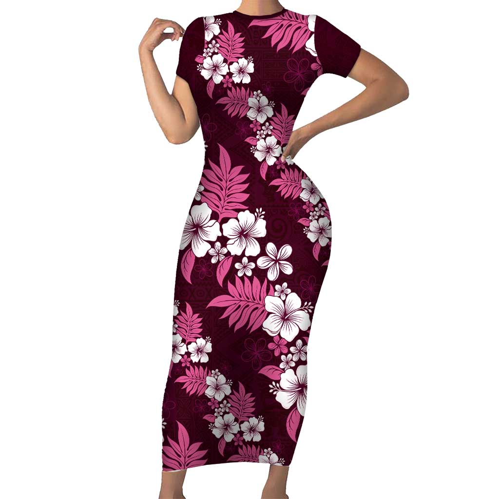 Hawaiian Hibiscus Tribal Floral Pink Short Sleeve Bodycon Dress Polynesian Tapa Pattern LT01 Long Dress Pink - Polynesian Pride