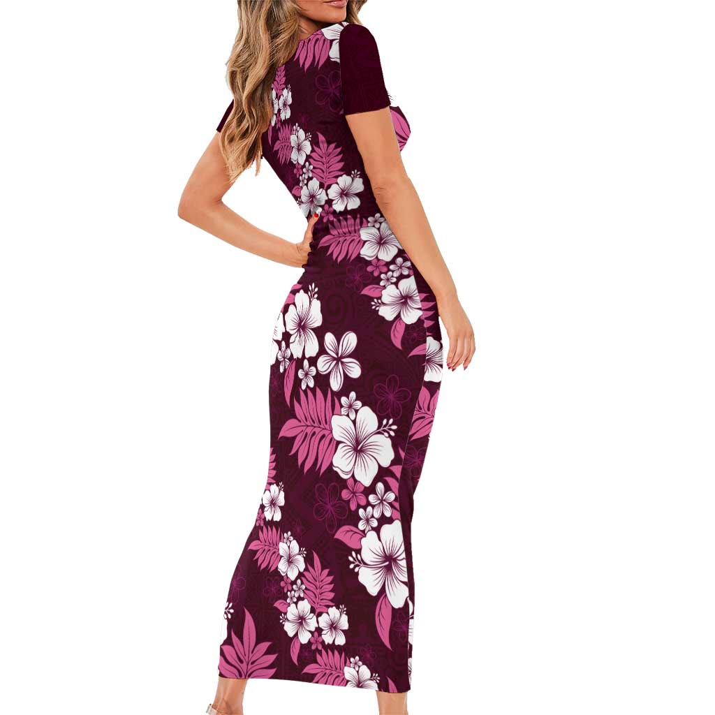 Hawaiian Hibiscus Tribal Floral Pink Short Sleeve Bodycon Dress Polynesian Tapa Pattern LT01 - Polynesian Pride