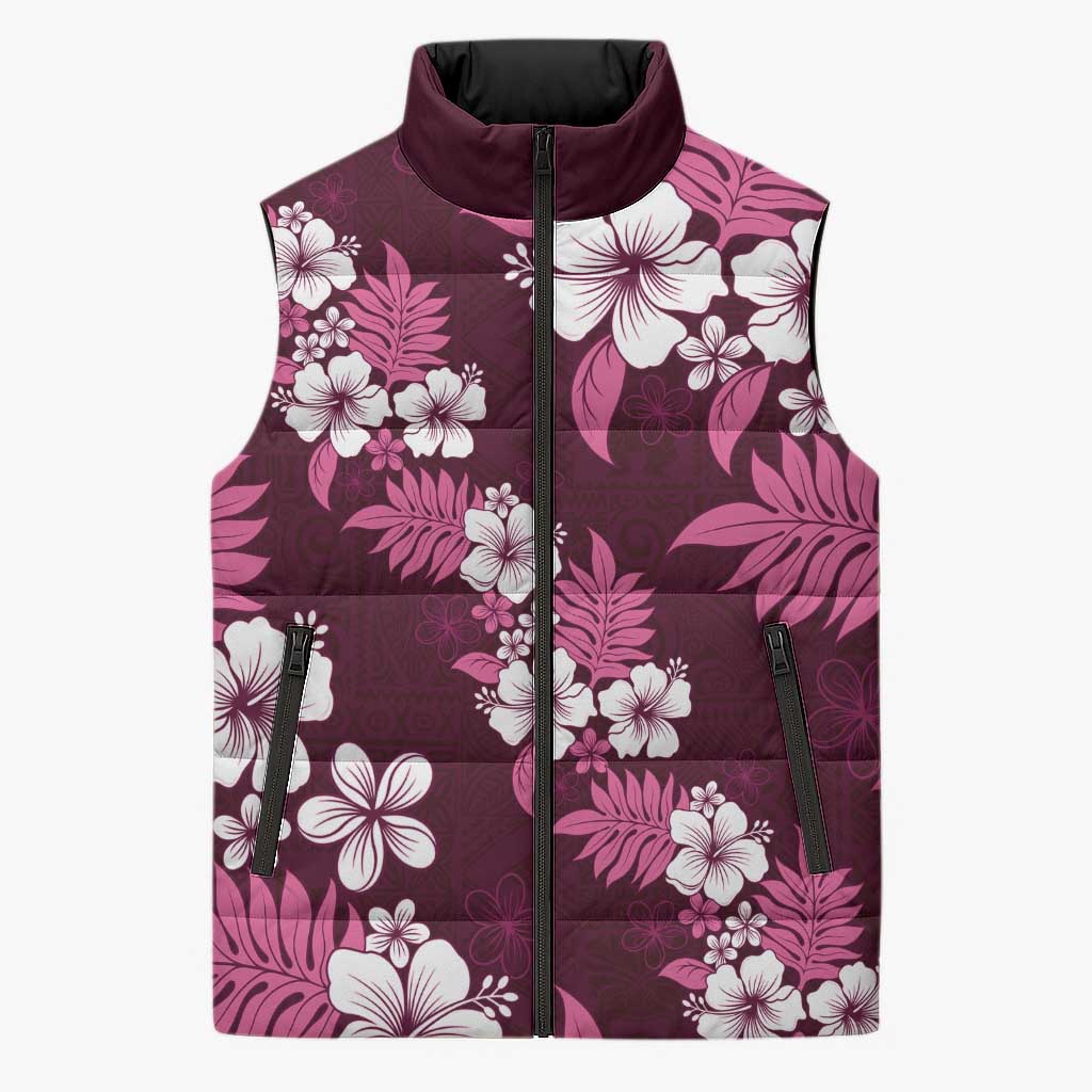 Hawaiian Hibiscus Tribal Floral Pink Sleeveless Puffer Jacket Polynesian Tapa Pattern LT01 Unisex Pink - Polynesian Pride