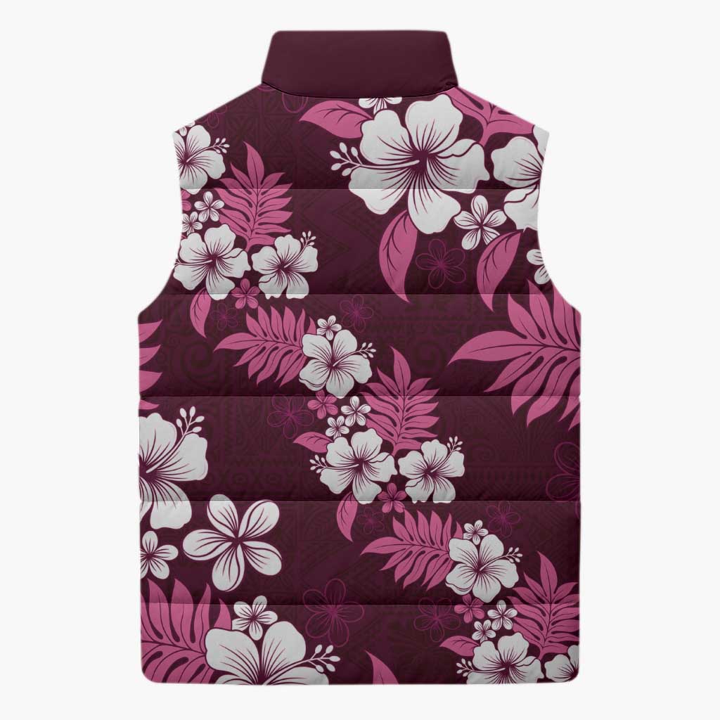Hawaiian Hibiscus Tribal Floral Pink Sleeveless Puffer Jacket Polynesian Tapa Pattern LT01 - Polynesian Pride