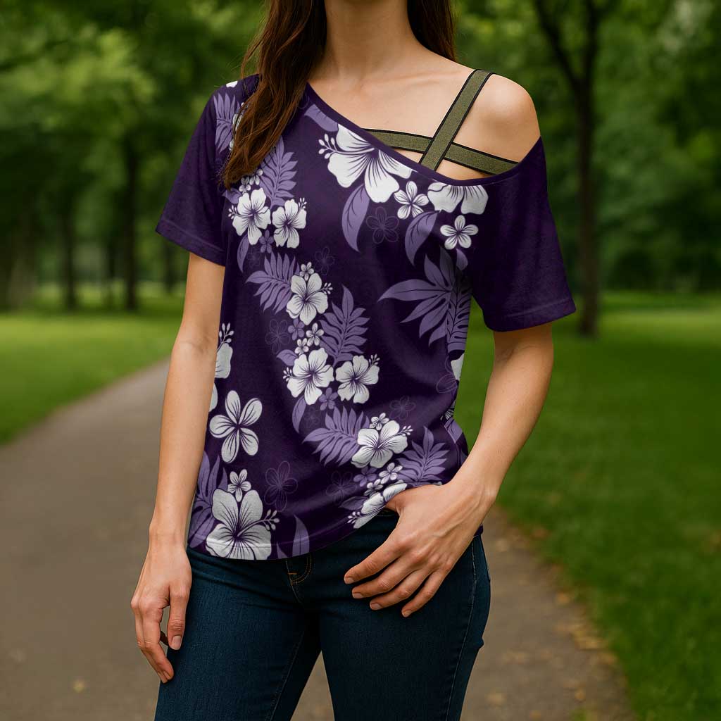 Hawaiian Hibiscus Tribal Floral Purple Cross Shoulder Shirt Polynesian Tapa Pattern LT01 - Polynesian Pride