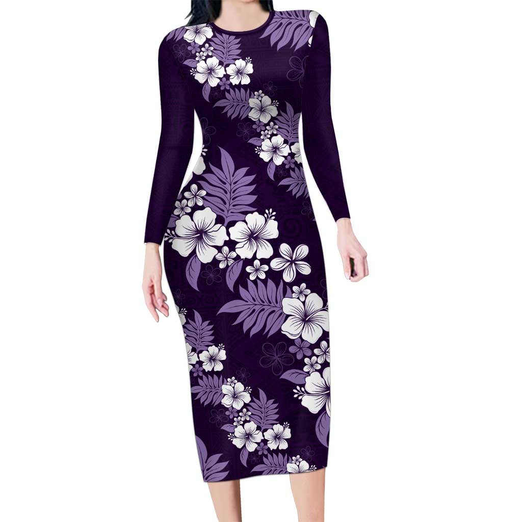 Hawaiian Hibiscus Tribal Floral Purple Long Sleeve Bodycon Dress Polynesian Tapa Pattern LT01 Long Dress Purple - Polynesian Pride