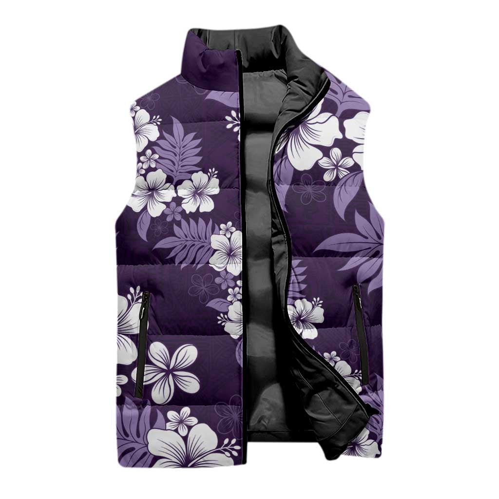 Hawaiian Hibiscus Tribal Floral Purple Sleeveless Puffer Jacket Polynesian Tapa Pattern LT01 - Polynesian Pride