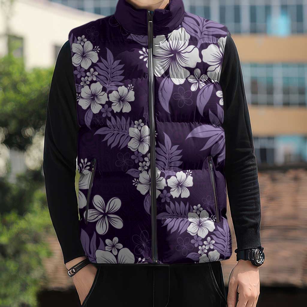 Hawaiian Hibiscus Tribal Floral Purple Sleeveless Puffer Jacket Polynesian Tapa Pattern LT01 - Polynesian Pride