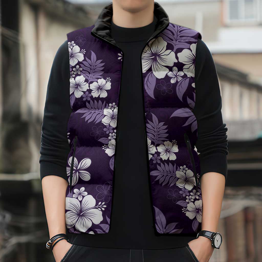 Hawaiian Hibiscus Tribal Floral Purple Sleeveless Puffer Jacket Polynesian Tapa Pattern LT01 - Polynesian Pride
