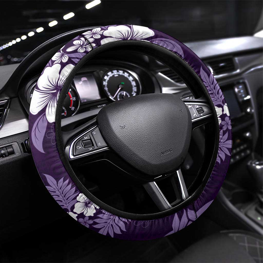 Hawaiian Hibiscus Tribal Floral Purple Steering Wheel Cover Polynesian Tapa Pattern LT01 Universal Fit Purple - Polynesian Pride