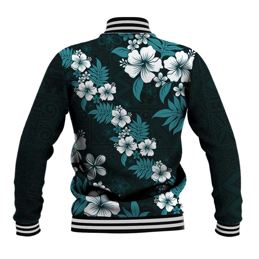 Hawaiian Hibiscus Tribal Floral Teal Baseball Jacket Polynesian Tapa Pattern LT01 - Polynesian Pride