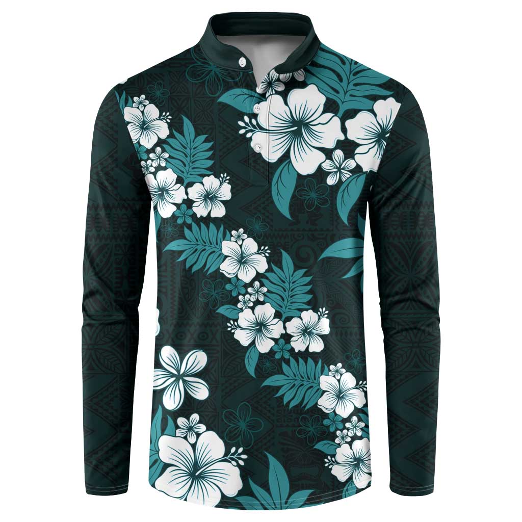 Hawaiian Hibiscus Tribal Floral Teal Button Sweatshirt Polynesian Tapa Pattern LT01 Teal - Polynesian Pride