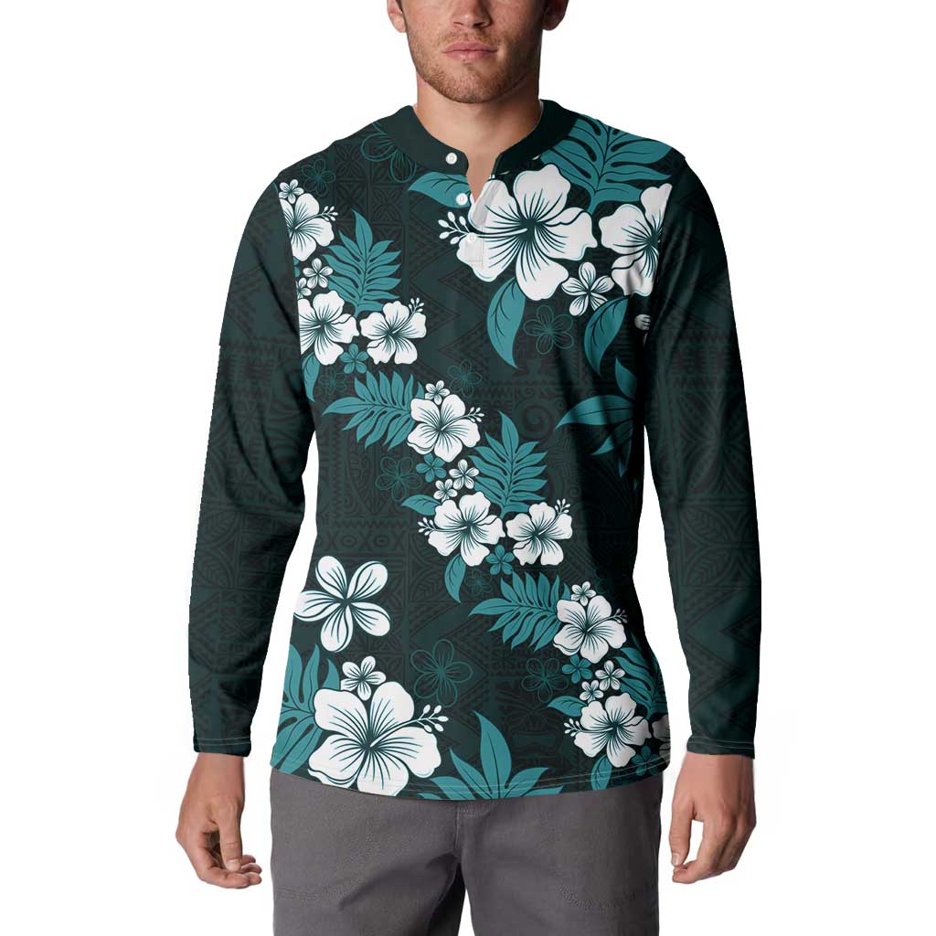 Hawaiian Hibiscus Tribal Floral Teal Button Sweatshirt Polynesian Tapa Pattern LT01 - Polynesian Pride