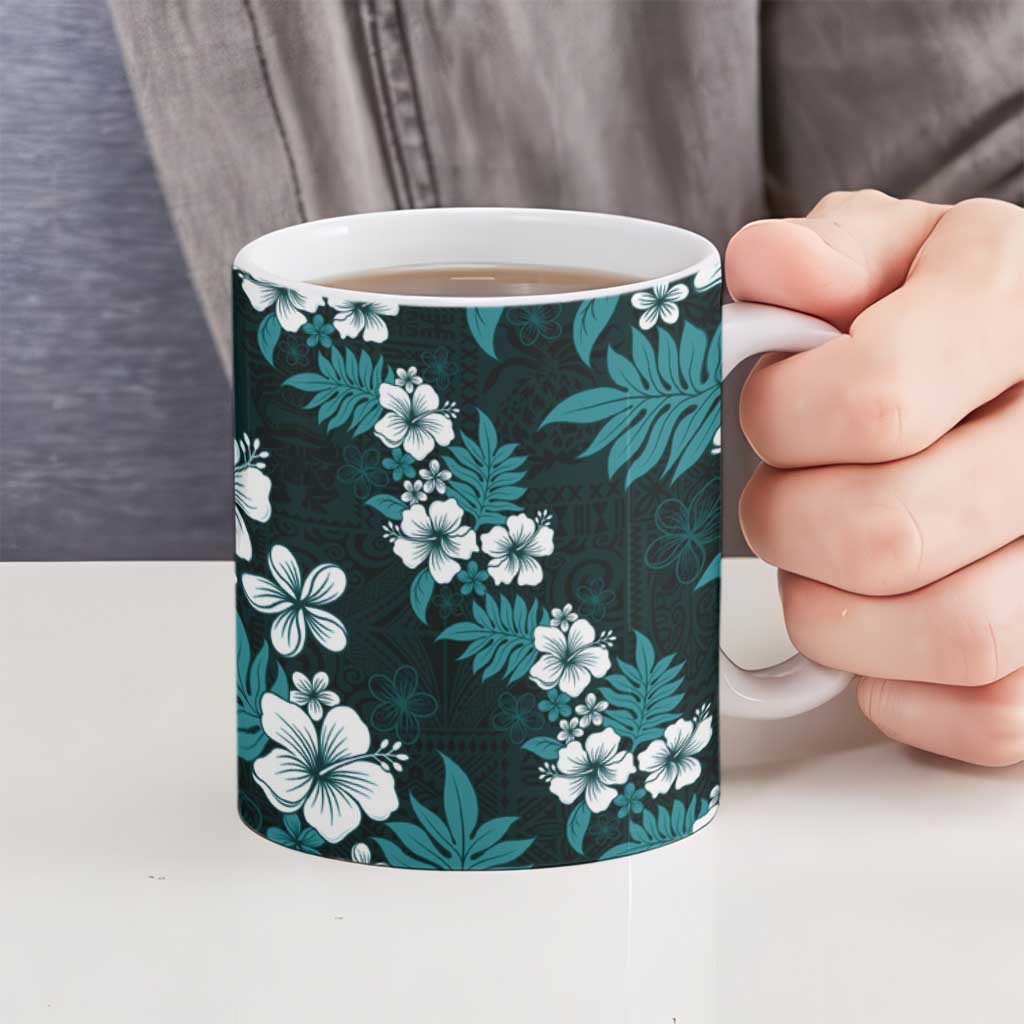 Hawaiian Hibiscus Tribal Floral Teal Ceramic Mug Polynesian Tapa Pattern LT01 - Polynesian Pride