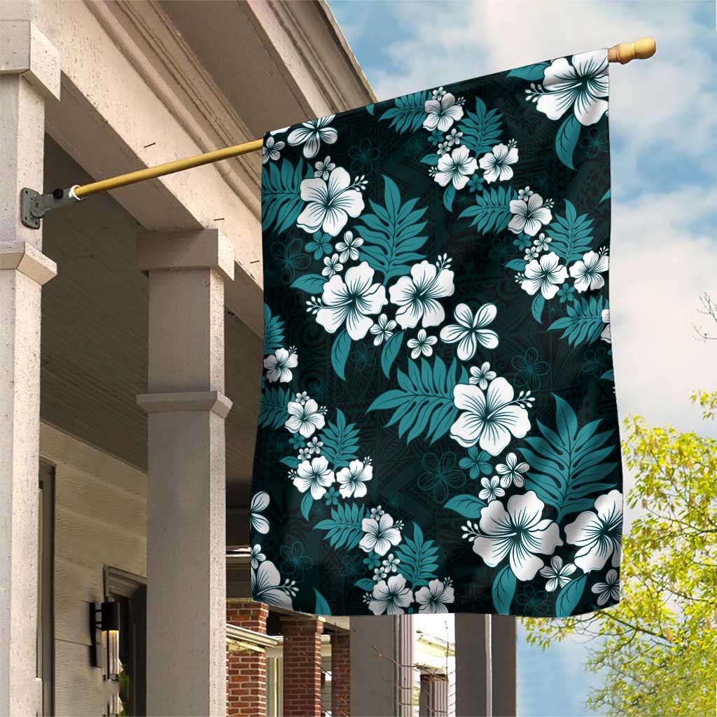Hawaiian Hibiscus Tribal Floral Teal Garden Flag Polynesian Tapa Pattern LT01 House Flag Teal - Polynesian Pride