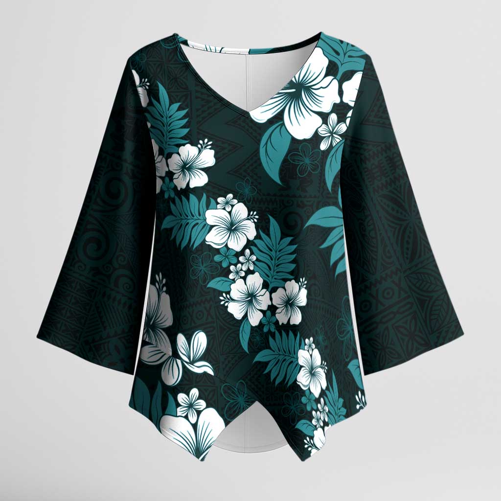 Hawaiian Hibiscus Tribal Floral Teal Kimono Sleeve Blouse Polynesian Tapa Pattern LT01 Female Teal - Polynesian Pride