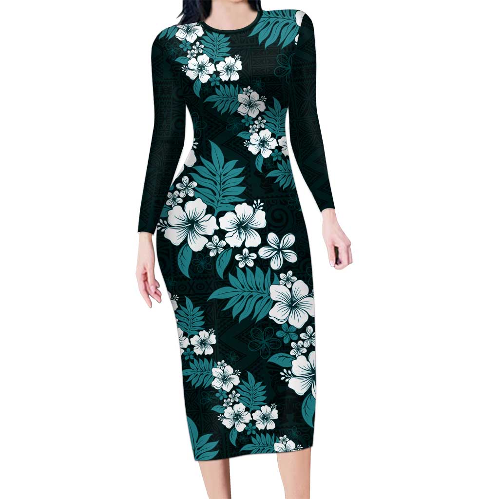Hawaiian Hibiscus Tribal Floral Teal Long Sleeve Bodycon Dress Polynesian Tapa Pattern LT01 Long Dress Teal - Polynesian Pride