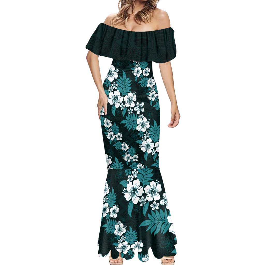 Hawaiian Hibiscus Tribal Floral Teal Mermaid Dress Polynesian Tapa Pattern LT01 - Polynesian Pride