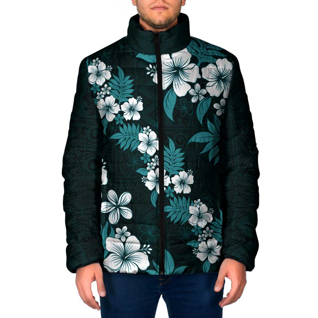 Hawaiian Hibiscus Tribal Floral Teal Padded Jacket Polynesian Tapa Pattern LT01 Men Teal - Polynesian Pride