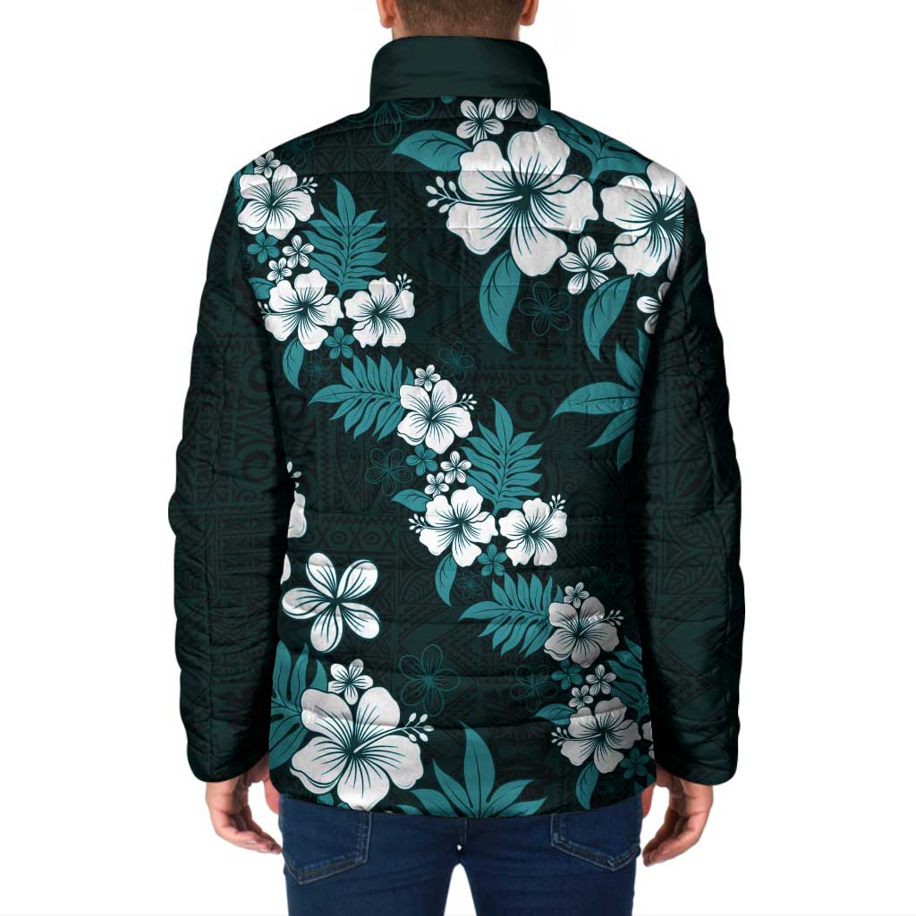 Hawaiian Hibiscus Tribal Floral Teal Padded Jacket Polynesian Tapa Pattern LT01 - Polynesian Pride