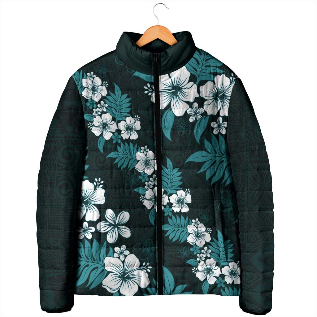 Hawaiian Hibiscus Tribal Floral Teal Padded Jacket Polynesian Tapa Pattern LT01 - Polynesian Pride