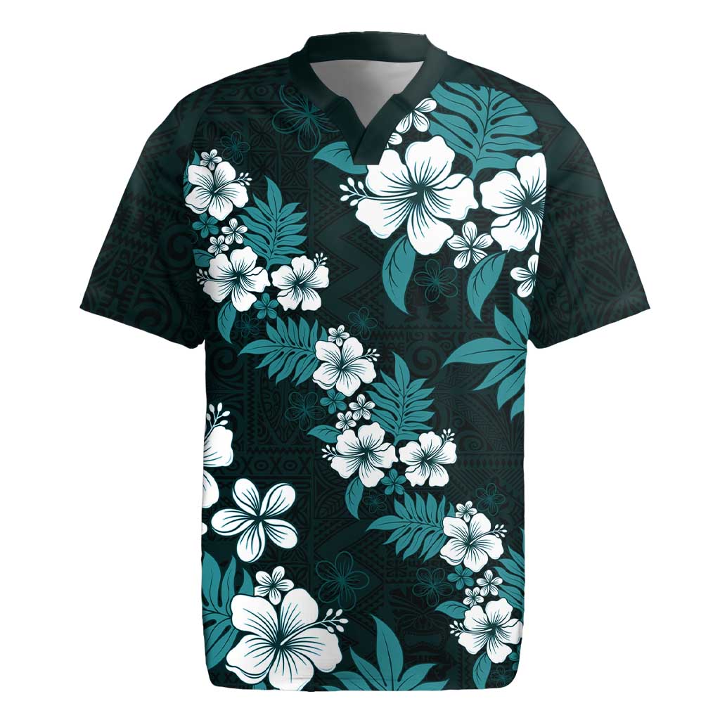 Hawaiian Hibiscus Tribal Floral Teal Rugby Jersey Polynesian Tapa Pattern LT01 Teal - Polynesian Pride
