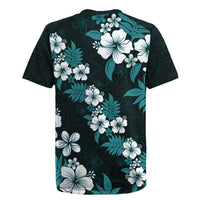Hawaiian Hibiscus Tribal Floral Teal Rugby Jersey Polynesian Tapa Pattern LT01 - Polynesian Pride