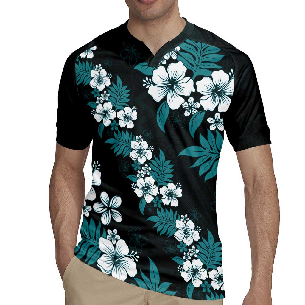 Hawaiian Hibiscus Tribal Floral Teal Rugby Jersey Polynesian Tapa Pattern LT01 - Polynesian Pride