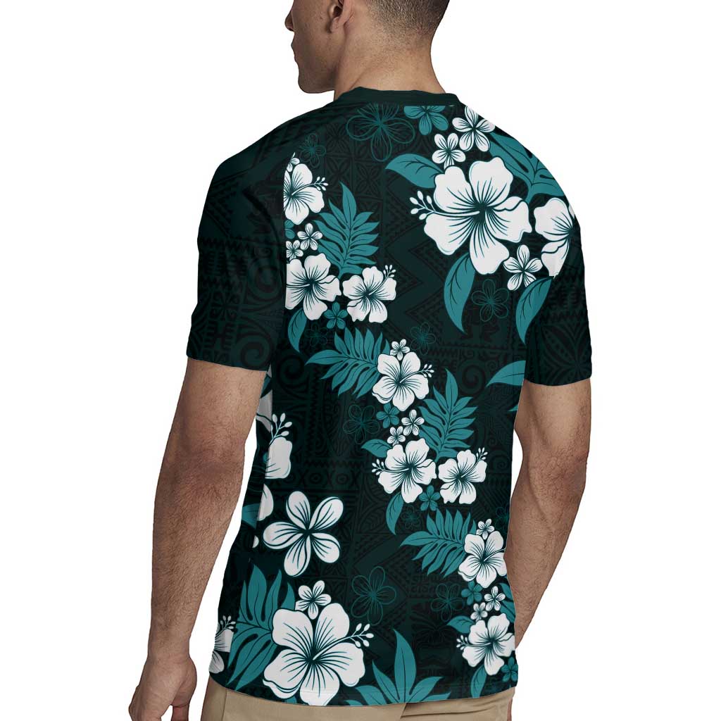 Hawaiian Hibiscus Tribal Floral Teal Rugby Jersey Polynesian Tapa Pattern LT01 - Polynesian Pride
