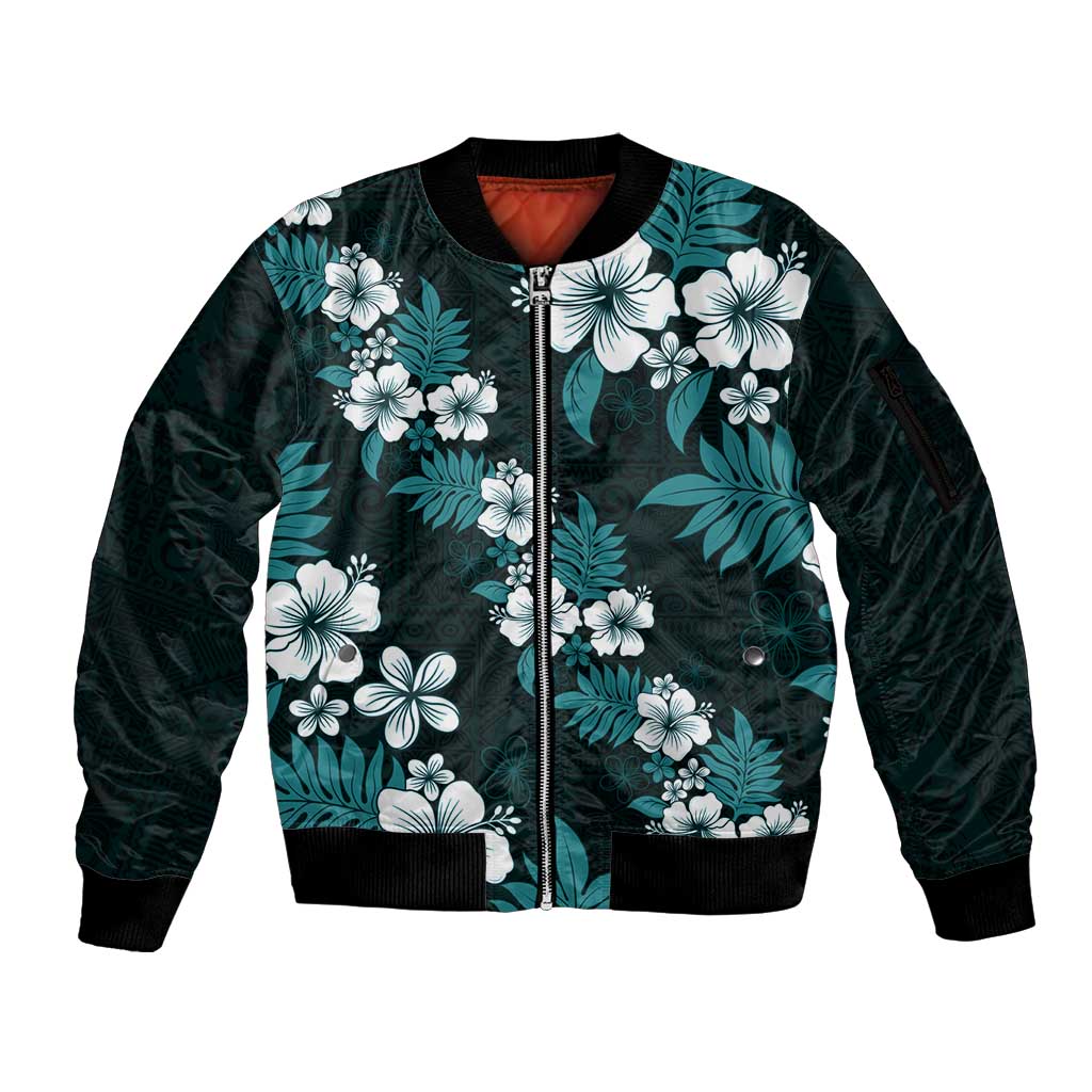 Hawaiian Hibiscus Tribal Floral Teal Sleeve Zip Bomber Jacket Polynesian Tapa Pattern LT01 Unisex Teal - Polynesian Pride