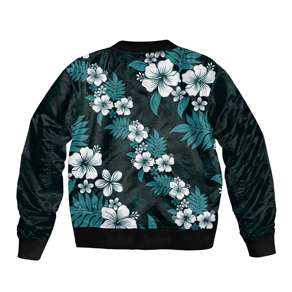 Hawaiian Hibiscus Tribal Floral Teal Sleeve Zip Bomber Jacket Polynesian Tapa Pattern LT01 - Polynesian Pride