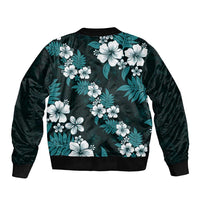Hawaiian Hibiscus Tribal Floral Teal Sleeve Zip Bomber Jacket Polynesian Tapa Pattern LT01 - Polynesian Pride