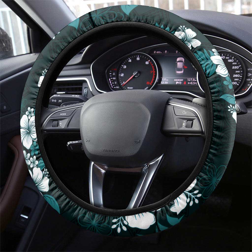 Hawaiian Hibiscus Tribal Floral Teal Steering Wheel Cover Polynesian Tapa Pattern LT01 - Polynesian Pride